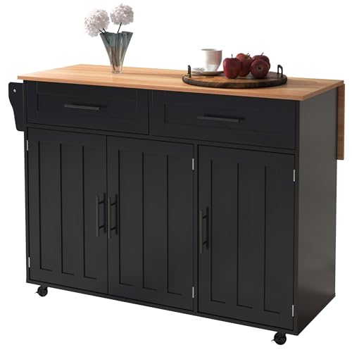 FammyLoft Küchenwagen mit Rollen, Multifunktionaler Kücheninsel mit Klapptischplatte, Stauschränken und 2 Schubladen, Küchenrollwagen mit 5 Rädern für Küche, Esszimmer, Schwarz von FammyLoft