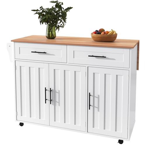 FammyLoft Küchenwagen mit Rollen, Multifunktionaler Kücheninsel mit Klapptischplatte, Stauschränken und 2 Schubladen, Küchenrollwagen mit 5 Rädern für Küche, Esszimmer, Weiß von FammyLoft