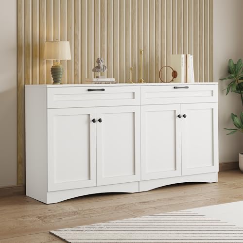FammyLoft Sideboard Wohnzimmer mit 2 Schubladen und 2 Großen Schränken, Buffetschrank mit Geschwungenem Design und Schwarzem Griff, 160*40*85cm, Modern Wohnzimmerschrank für Esszimmer & Flur, Weiß von FammyLoft