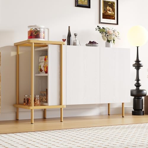 FammyLoft Sideboard Wohnzimmer mit 2 Türen und 2 Offenen Fächern, Buffetschrank aus Metall/Glas, Modern Wohnzimmerschrank für Esszimmer & Flur, Weiß FammyLoft Sideboard Wohnzimmer mit 2 Türen und 2 Offenen Fächern, Buffetschrank aus Metall/Glas, Modern Wohnzimmerschrank für Esszimmer & Flur, Weiß von FammyLoft
