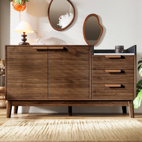 FammyLoft Sideboard Wohnzimmer mit 3 Schubladen und Doppeltürschrank, Buffetschrank mit Marmor-Optik Platte - Offene Ablage, 120 * 40 * 77cm, Modern Wohnzimmerschrank für Esszimmer & Flur, Eiche von FammyLoft