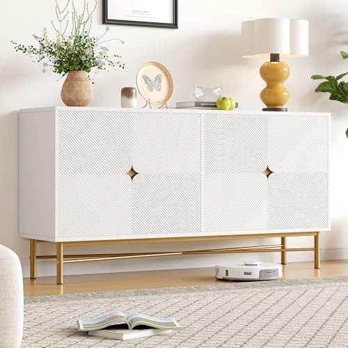FammyLoft Sideboard Wohnzimmer mit 4 Erhabener Textur Türen, 160×40×82cm, Buffetschrank mit Goldene Gebürstete Griffe und Hochglanz Tischbeine, Modern Wohnzimmerschrank für Esszimmer & Flur, Weiß FammyLoft Sideboard Wohnzimmer mit 4 Erhabener Textur Türen, 160×40×82cm, Buffetschrank mit Goldene Gebürstete Griffe und Hochglanz Tischbeine, Modern Wohnzimmerschrank für Esszimmer & Flur, Weiß von FammyLoft
