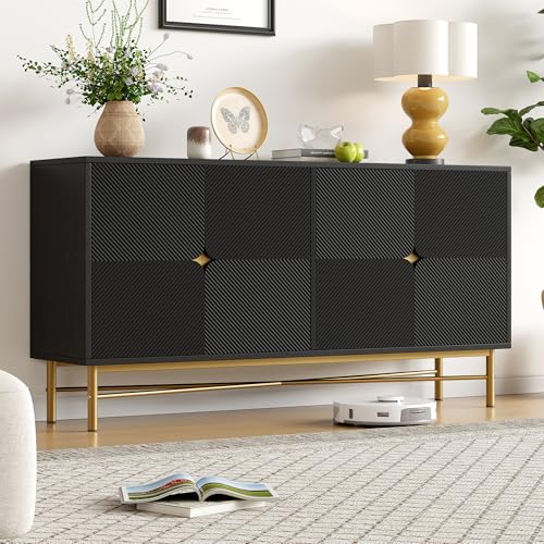 FammyLoft Sideboard Wohnzimmer mit 4 Erhabener Textur Türen, 160×40×82cm, Buffetschrank mit Goldene Gebürstete Griffe und Hochglanz Tischbeine, Modern Wohnzimmerschrank für Esszimmer & Flur, Schwarz FammyLoft Sideboard Wohnzimmer mit 4 Erhabener Textur Türen, 160×40×82cm, Buffetschrank mit Goldene Gebürstete Griffe und Hochglanz Tischbeine, Modern Wohnzimmerschrank für Esszimmer & Flur, Schwarz von FammyLoft