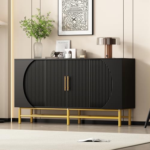 FammyLoft Sideboard Wohnzimmer mit 4 Türen, Sideboard Schlafzimmer mit Vertikalen Streifen und Verstellbaren Ablageplatten, Minimalistisches Wohnzimmerschrank, Esszimmerschrank, Schwarz von FammyLoft