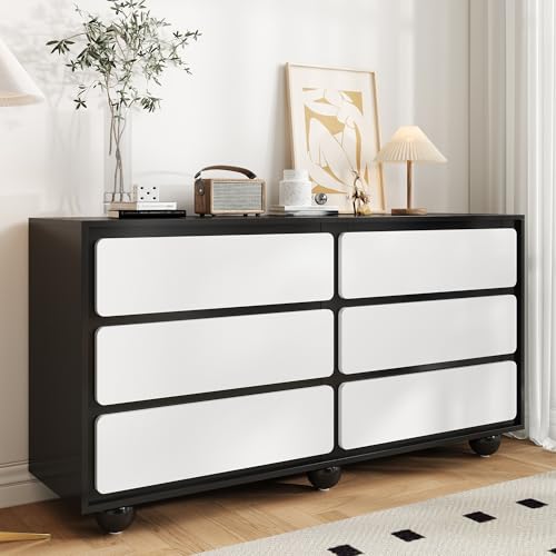 FammyLoft Sideboard Wohnzimmer mit 6 Schubladen, Stilvolle Kommode mit Abgerundete Metallfüße, Modern Wohnzimmerschrank für Esszimmer & Flur, Buffetschrank, Weiß und Schwarz von FammyLoft