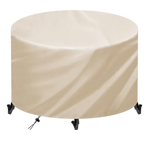 Famoum Abdeckung Gartenmöbel Rund Winterfest,420D Oxford Abdeckplane Wasserdicht Gartenmöbel,UV-Beständig und Winddicht, Schutzhülle für Loungemöbel Möbelsets Sitzgruppe,Ø110x75cm,Beige von Famoum