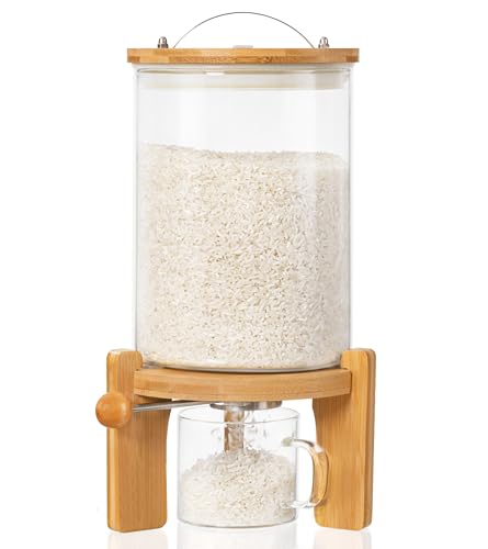 Famyards Reisspender aus Glas mit Holzständer, Mehl- und Müslibehälter mit Glas-Messbecher, Speisekammer, Lebensmittelorganisation, Aufbewahrungsbehälter mit luftdichtem Bambusdeckel, 3 l von Famyards