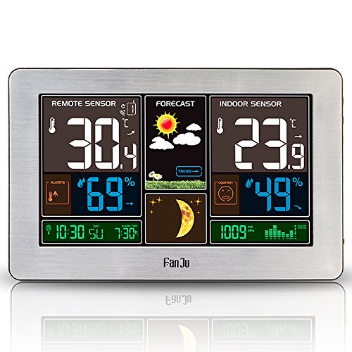 FanJu FJ3378 Funkwetterstation mit Weckfunktion und Temperatur/Feuchte/Barometer/Wecker/Mondphase/Uhr (Silber) von FanJu