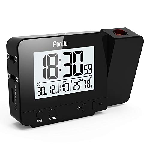 FanJu FJ3531B Digital Projektionswecker mit Temperatur und Zeit-Projektion,USB-Anschluss,Innentemperatur und Luftfeuchtigkeit DCF automatische Zeitanpassung Kalender von FanJu