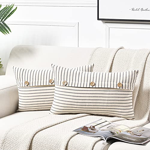 Fancy Homi 2 Packungen Boho Lendenwirbel-Kissenbezüge 30,5 x 50,8 cm mit drei Knöpfen für Couch, Bett, Vintage-Bauernhaus-Heimdekoration, grau und beige gestreifter Leinen-Kissenbezug von Fancy Homi