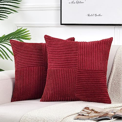 Fancy Homi 2 Packungen burgunderrote große dekorative Kissenbezüge 60x60 cm für Wohnzimmer, Couch, Bett, Sofa, rustikale Bauernhaus, Boho, Heimdekoration, Cord, Patchwork-Akzent-Kissenbezug 60x60 cm von Fancy Homi