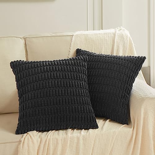 Fancy Homi 2 Packungen schwarze Samll dekorative Kissenbezüge 30x30 cm für Wohnzimmer, Couch, Bett, weicher gestreifter Kordsamt, quadratischer Kissenbezug 30x30 cm von Fancy Homi