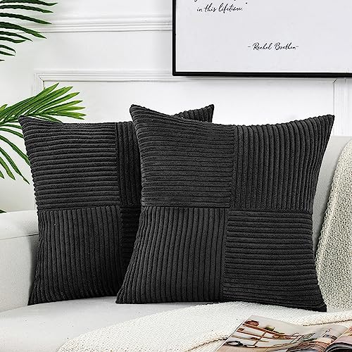 Fancy Homi 2 Packungen schwarze große dekorative Kissenbezüge 61 x 61 cm für Couch, Bett, Sofa, rustikale Bauernhaus-Boho-Heimdekoration, weicher Corss Cord Patchwork Akzent quadratischer Kissenbezug von Fancy Homi