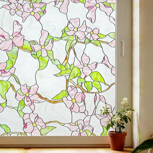 Fensterfolie selbstklebend 3D Buntglas-Fensterfolie Fenster-Sichtschutzfolie für Haustür, Haus, Sonnenschutz,Pink Flower Branch 60x90CM von Fancyclings