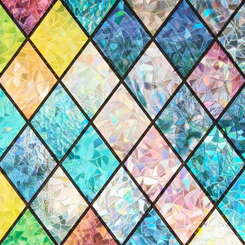 Fensterfolie - Selbstklebend Statische Folie, fensterfolie Blickdicht Bunt Blickdichte Sichtschutzfolie für Badezimmer, Haustür, Haus, Sonnenschutz, Wärmeschutz,farbiges Rautenmuster 44 x 200 cm von Fancyclings