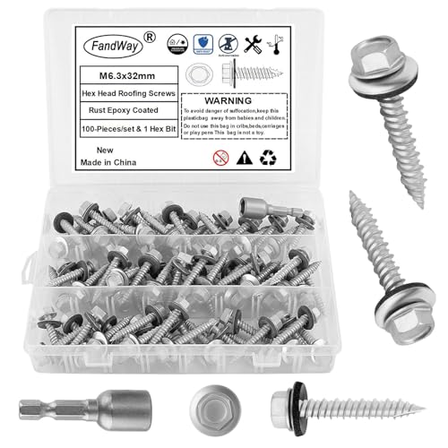 FandWay 100 Stück Trapezblechschrauben Selbstbohrende Blechschrauben M6,3x32mm Spenglerschraube Selbstschneidende Bohrschrauben Sechskant Metalldachschrauben mit EPDM Unterlegscheiben und 1 Bit. FandWay 100 Stück Trapezblechschrauben Selbstbohrende Blechschrauben M6,3x32mm Spenglerschraube Selbstschneidende Bohrschrauben Sechskant Metalldachschrauben mit EPDM Unterlegscheiben und 1 Bit. von FandWay