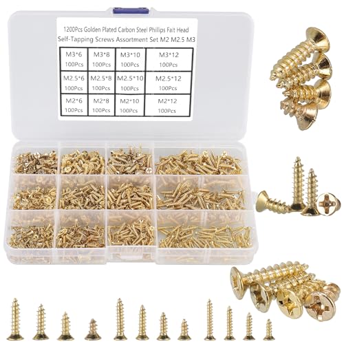 FandWay 1200 Stück M2 M2.5 M3 Kleine Schrauben,Flachkopf-Blechschrauben Selbstschneidende Schrauben Holzschrauben Sortiment mit Aufbewahrungsbox.（Gold） von FandWay