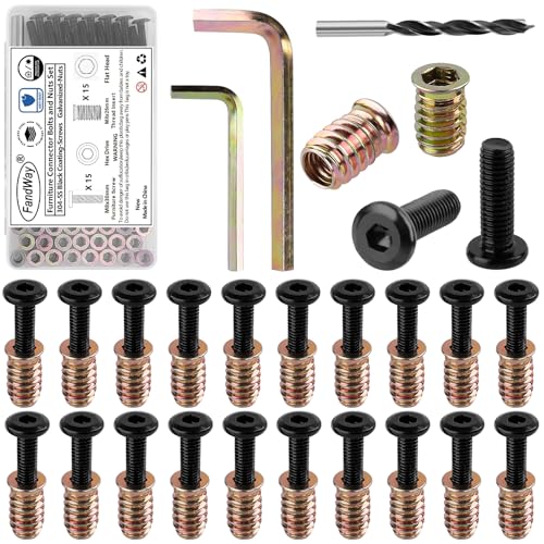 FandWay 15 Sets M8 x 30 mm Möbelschraubenmutter, M8 x 20 mm Gewindeeinsätze für Holz, Verbindungsschrauben und Muttern, Flachkopf-Inbusmuttern, Innensechskantantrieb mit Schraubenschlüsseln von FandWay