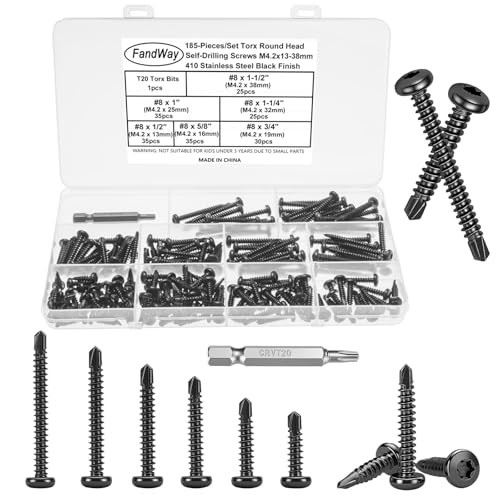 FandWay 185 Stück selbstschneidende Torx-Blechschrauben für Stahl, M4,2 x 13 ~ 38 mm, selbstbohrende Schrauben für Metall, Flachkopf-Tek-Schraube, 410 Edelstahl-Blechschraube, schwarze Beschichtung von FandWay