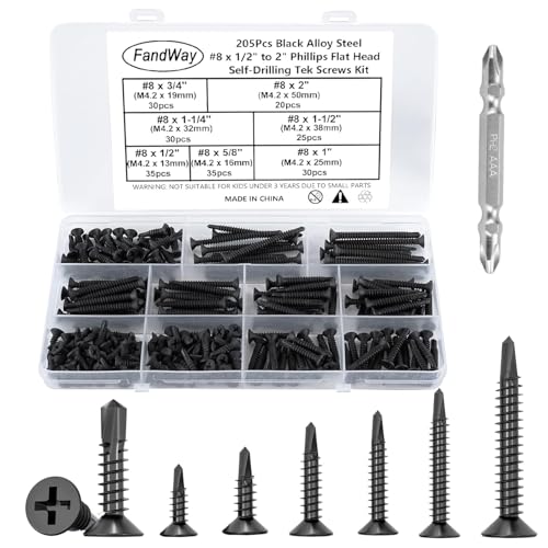 FandWay 205 Stück Flachkopf Selbstbohrende Schrauben,Edelstahl 410 Schwarz,M4.2x13~50mm Senkkopf Selbstbohrschrauben, Blechschrauben Holzschrauben Kreuzschrauben Sortiment mit 1 Stück Bits. von FandWay