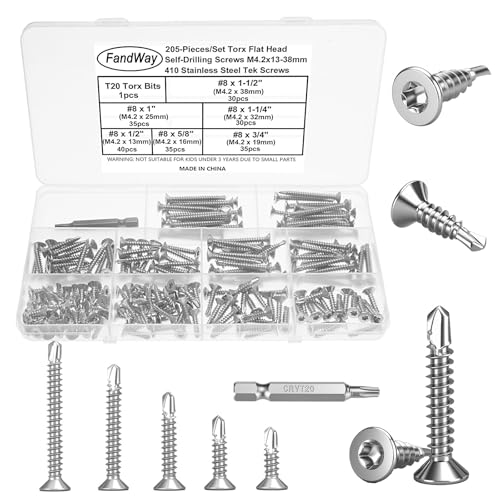 FandWay 205 Stück Torx-Blechschrauben für Stahl, M4,2 x 13 ~ 38 mm, Senkkopfschrauben für Metall, Flachkopf-Tek-Schraube, 410 Edelstahl-Blechschraube, Torx-Antrieb für Aluminium, Holz, Kunststoff. von FandWay