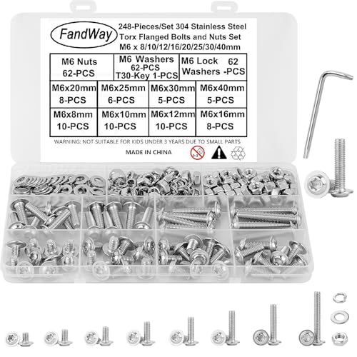FandWay 248 Stk Linsenkopfschraube mit Flansch,M6 Torx Schrauben ISO 7380-2 Flanschschraube Gewindeschrauben Edelstahl A2 V2A Maschinenschrauben Muttern Unterlegscheiben Kit mit T10 Schlüssel. FandWay 248 Stk Linsenkopfschraube mit Flansch,M6 Torx Schrauben ISO 7380-2 Flanschschraube Gewindeschrauben Edelstahl A2 V2A Maschinenschrauben Muttern Unterlegscheiben Kit mit T10 Schlüssel. von FandWay