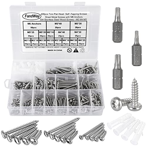 FandWay 400 Stück Torx Selbstschneidende Schrauben,Edelstahl A2-70 Rundkopfschrauben,Blechschrauben M3/M4/M5 Holzbauschrauben Selbstbohrende Schrauben Sortiment mit 3 Stück Bits und M6 Anker. von FandWay