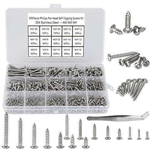 FandWay 595 Stück M2 M3 M4 Kreuzschlitz-Blechschrauben 304 Edelstahl Rundkopf-Blechschrauben, Holzschrauben Sortiment Set mit Aufbewahrungsbox und 1 Pinzette. von FandWay