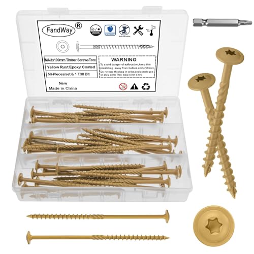 FandWay 6,3x100mm Holzschrauben Torx,Tellerkopfschrauben mit Torx-Antrieb Epoxid Gelb,50 Stück Dachkonstruktion Schrauben Konstruktionsschrauben Terrassenschrauben Sparrenschrauben mit BIT TX-30! von FandWay