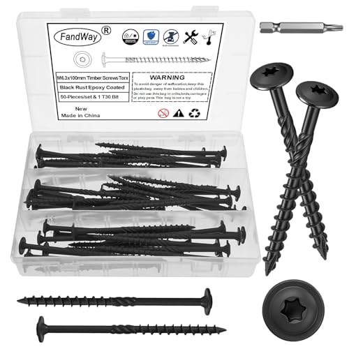 FandWay 6,3x100mm Holzschrauben Torx,Tellerkopfschrauben mit Torx-Antrieb Epoxid Schwarz,50 Stück Dachkonstruktion Schrauben Konstruktionsschrauben Terrassenschrauben Sparrenschrauben mit BIT T30! von FandWay