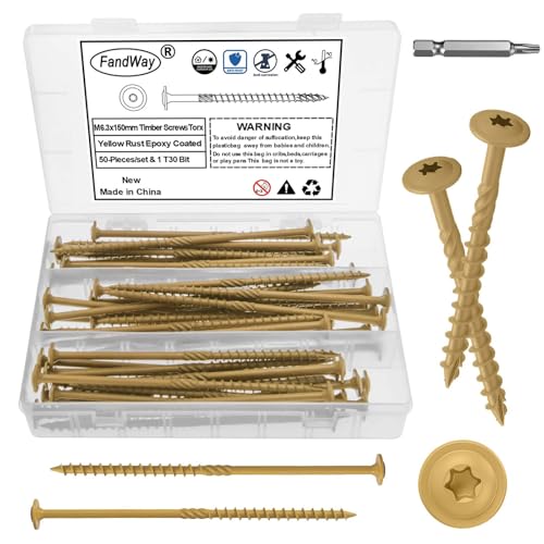 FandWay 6,3x150mm Holzschrauben Torx,Tellerkopfschrauben mit Torx-Antrieb Epoxid Gelb,50 Stück Dachkonstruktion Schrauben Konstruktionsschrauben Terrassenschrauben Sparrenschrauben mit BIT TX-30! von FandWay