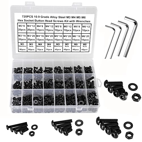 FandWay M3 M4 M5 M6 Schrauben Set,720 Stück Linsenkopf Schrauben mit Innensechskant Gewindeschrauben,Schwarz Sechskantschrauben Maschinenschrauben Muttern und Unterlegscheiben mit 4 Schlüssel. von FandWay