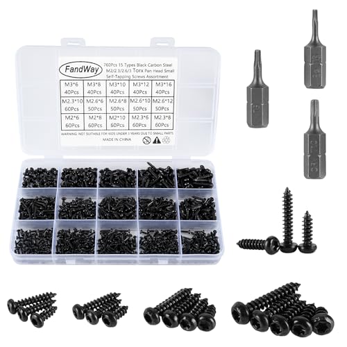 FandWay 760 Stk Kleine Torx Selbstschneidende Schrauben,Mikro Blechschrauben Mini Holzschrauben M2 M2.3 M2.6 M3 Winzige Selbstbohrende Schrauben Schwarz mit 3 Bits Für Holz Kunststoff. von FandWay