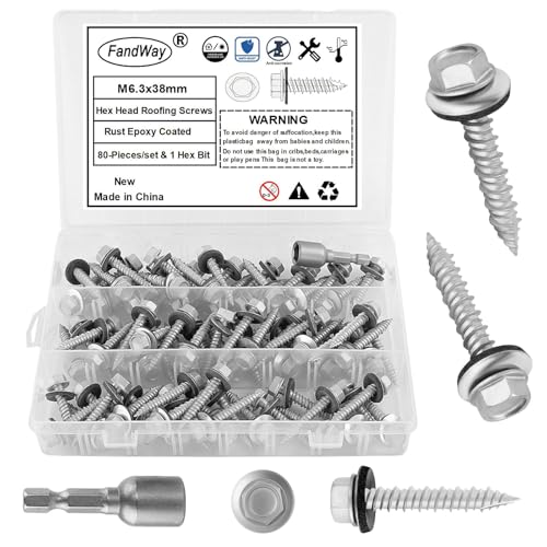 FandWay 80 Stück Trapezblechschrauben Selbstbohrende Blechschrauben M6,3x38mm Spenglerschraube Selbstschneidende Bohrschrauben Sechskant Metalldachschrauben mit EPDM Unterlegscheiben und 1 Bit. FandWay 80 Stück Trapezblechschrauben Selbstbohrende Blechschrauben M6,3x38mm Spenglerschraube Selbstschneidende Bohrschrauben Sechskant Metalldachschrauben mit EPDM Unterlegscheiben und 1 Bit. von FandWay