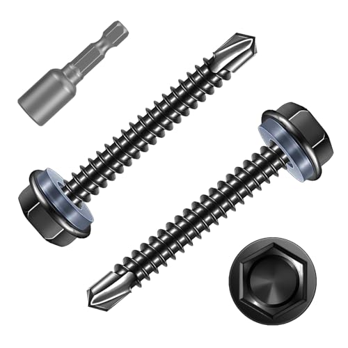FandWay 80 Stück Trapezblechschrauben Selbstbohrende Schrauben M5,5x25mm Selbstschneidende Schrauben Blechschrauben Edelstahl 410 Schwarz Sechskant Bohrschrauben Metalldachschrauben mit 1 Bits. von FandWay
