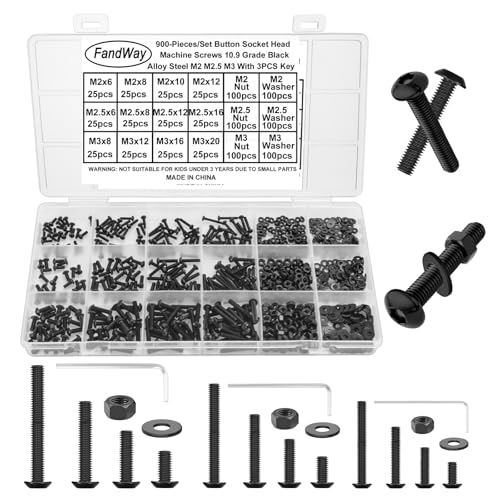 FandWay 900 Stück M2 M2.5 M3 Schrauben Set,Linsenkopfschrauben Innensechskant Gewindeschrauben,Sechskantschrauben Schwarz 10.9 Legierter Stahl Maschinenschrauben Muttern und Unterlegscheiben Kit. von FandWay