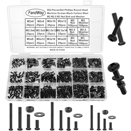 FandWay 900 Stück M2 M2.5 M3 Schrauben Set,Linsenkopfschrauben Kreuzschlitzschrauben Gewindeschrauben,Schwarz Rundkopf Maschinenschrauben Muttern und Unterlegscheiben Sortiment Kit FandWay 900 Stück M2 M2.5 M3 Schrauben Set,Linsenkopfschrauben Kreuzschlitzschrauben Gewindeschrauben,Schwarz Rundkopf Maschinenschrauben Muttern und Unterlegscheiben Sortiment Kit von FandWay
