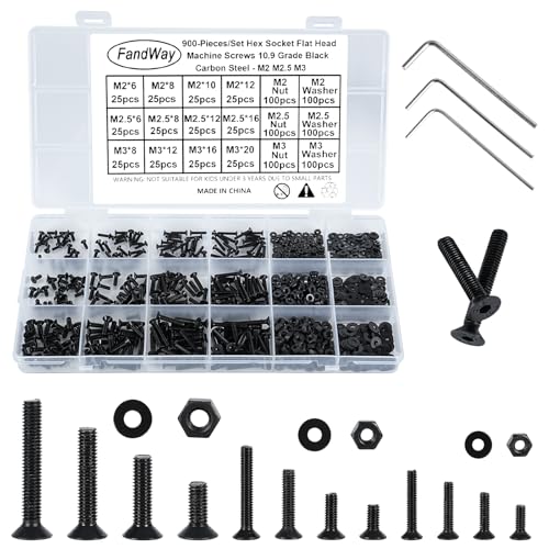 FandWay M2 M2.5 M3 Schrauben Set,900 Stück Senkkopfschrauben mit Innensechskant Gewindeschrauben,Sechskantschrauben Flachkopfschrauben Schwarz Maschinenschrauben Muttern und Unterlegscheiben Kit. von FandWay