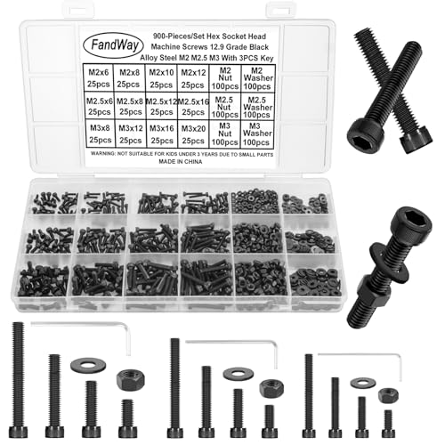 FandWay 900 Stück M2 M2.5 M3 Schrauben Set,Zylinderschrauben Innensechskant Gewindeschrauben,Sechskantschrauben Schwarz 12.9 Legierter Stahl Maschinenschrauben Muttern und Unterlegscheiben Kit. FandWay 900 Stück M2 M2.5 M3 Schrauben Set,Zylinderschrauben Innensechskant Gewindeschrauben,Sechskantschrauben Schwarz 12.9 Legierter Stahl Maschinenschrauben Muttern und Unterlegscheiben Kit. von FandWay