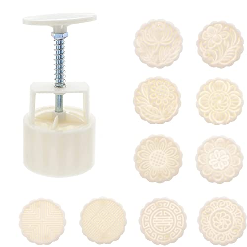 Faneli 11-teiliges Set Mondkuchen-Form, Handdruck-Maker + 100 g Blumen-Modus-Stempel, Blumen-Design, runde Ausstechformen aus Kunststoff, Backuntensilien zum Dekorieren von Gebäck von Faneli