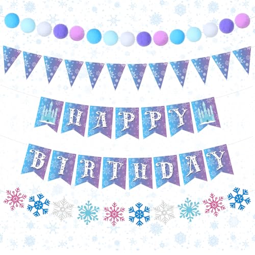 Fanfanwin 5 Stück Schneeflocken Happy Birthday Banner Blau Schneeflocke Banner mit Filz Schloss Dekorationen Winter Urlaub Party Dekorationen für Geburtstag Weihnachten (stilvoll) von Fanfanwin