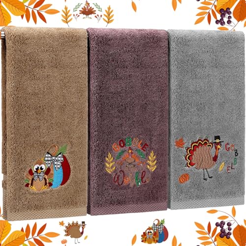 Fanfanwin Dekorative Badetücher für Badezimmer, 35 x 75 cm, dekorativ, aus 100 % Baumwolle, bestickt, Kürbis-Ahorn, Herbstbad (Beige, Türkei), 3 Stück von Fanfanwin