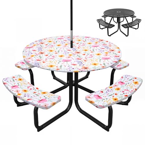 Fanfanwin Runde Outdoor-Tischdecke mit Schirmloch, Picknick-Tischdecke mit 4 Bänken, Möbelabdeckungen mit Gummizug, passend für Terrassentische mit 106,7 cm - 127 cm (42 - 50 Zoll Fanfanwin Runde Outdoor-Tischdecke mit Schirmloch, Picknick-Tischdecke mit 4 Bänken, Möbelabdeckungen mit Gummizug, passend für Terrassentische mit 106,7 cm - 127 cm (42 - 50 Zoll von Fanfanwin