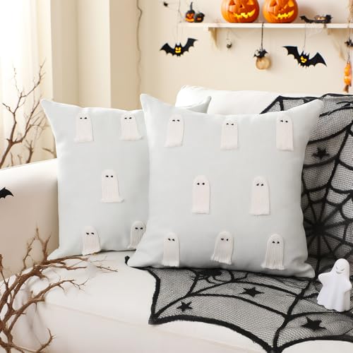 Fanfanwin Set mit 2 Kissenbezügen, 45,7 x 45,7 cm, Halloween-Geister-Kissenbezüge, handgefertigt, 3D-Weiß, niedlicher Geist, Baumwollleinen, Kissenbezug für Stuhl, Sofa, Schlafzimmer, Wohnzimmer Fanfanwin Set mit 2 Kissenbezügen, 45,7 x 45,7 cm, Halloween-Geister-Kissenbezüge, handgefertigt, 3D-Weiß, niedlicher Geist, Baumwollleinen, Kissenbezug für Stuhl, Sofa, Schlafzimmer, Wohnzimmer von Fanfanwin