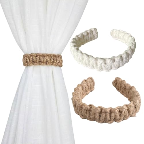 2er Pack Geflochtener Vorhang Raffhalter, Boho gestrickte Gardinen Halter, Gardinenraffer aus Hanf-Seil und Eisen Handgefertigte Vorhangbinder Für Office Wohnzimmer Schlafzimmer（Weiß+Braun） von FangBoJie