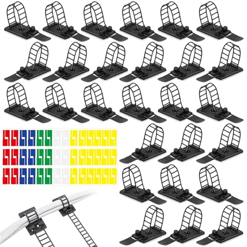 100 Stück Klein Klebesockel Kabel Halterungen Selbstklebend, Kabelbinder Halter, Kabelbefestigung, Cable Holder, Kabel Halterung Kleben, Wiederverwendbare Kabelbinder Schwarz mit 10 A4 Kabeletiketten von Fangehong