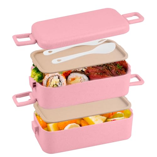 2 Lagige Bento Box, Lunchbox Erwachsene Auslaufsicher, Lunch Box mit Besteck 800ml, Brotdose mit Fächern, Jausenbox Groß Kinder, Snack Bento brotzeitbox für Arbeit, Büro, Schule, Picknick (Rosa) von Fangehong