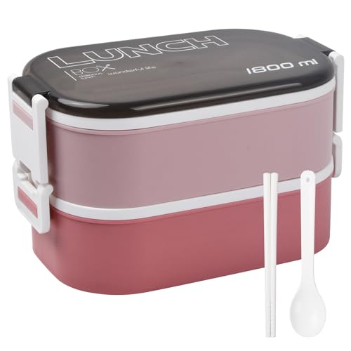 2 Lagige Bento Box für Kinder Erwachsene, Auslaufsicher Brotdose, Lunchbox mit 3 Fächern und Besteck, Snack Bento Box, 1800ML Jausenboxen, Frühstücksbox für Schule Picknick Arbeit Reisen (Rosa) von Fangehong