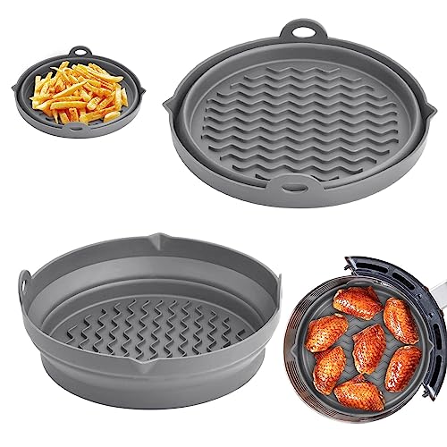 2 Stück Silikonform für Heißluftfritteuse, Faltbar Air Fryer Silikon Topf, Luftfritteusen Silikonmatten Backblech 7,6 Zoll, Wiederverwendbar Air Fryer Silicone Liners für Mikrowelle Ofen (Grau) von Fangehong