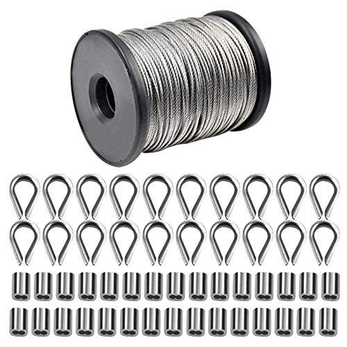 50m Drahtseil 1,5mm Edelstahl Stahlseil Draht Seil 7x7, 30 Stück 1,5mm Aluminium Klemme Crimphülsen Drahtseilklemmen, 20 Stück M2 Fingerhut für Geländer Decks, Bild Hängen Set von Fangehong